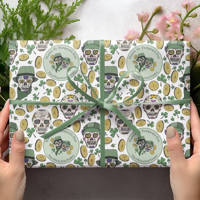 St Patrick's Day Irish Sugar Skull Custom Wrapping Paper (Custom St Patrick's Hand-Drawn Design in Black Ink. Irish Sugar Skulls Dressed in Hats & Scarves. )