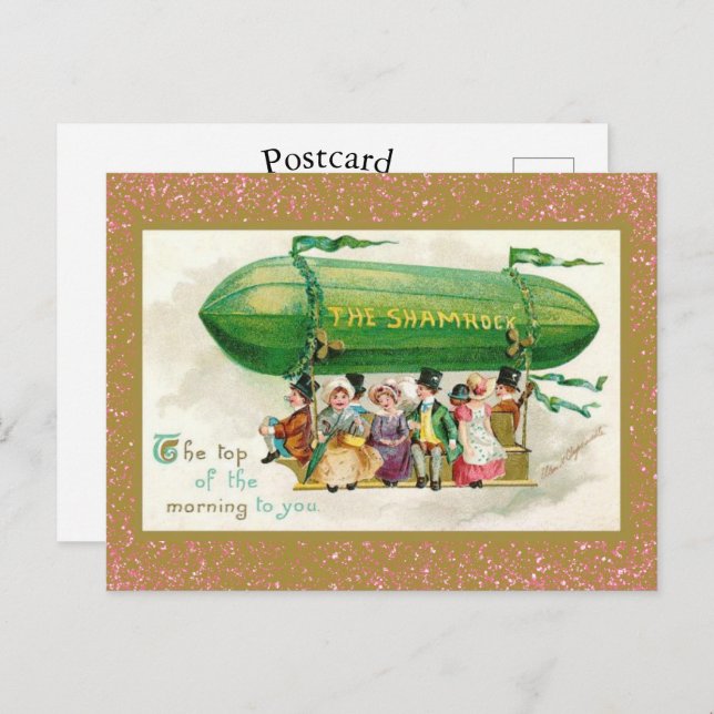 St Patrick's Day Irish Zeppelin Rose Gold Glitter Postcard (Front/Back)