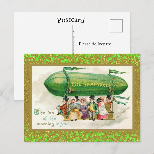 St Patrick's Day Irish Zeppelin Shamrocks Glitter Postcard (Front/Back)
