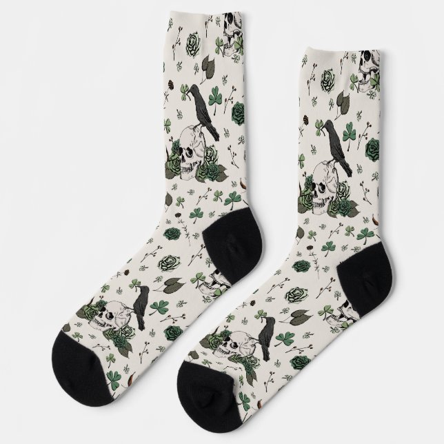 St Patrick's Day Ivory Goth Floral Skulls & Roses Socks (Left)
