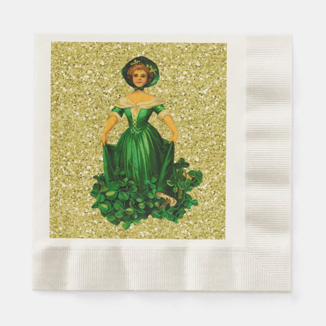 St Patricks Day Lady Green Gown Gold Faux Glitter Napkin (Front)