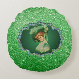 St Patricks Day Lady w/Hat GreenFrame FauxGlitter2 Round Cushion