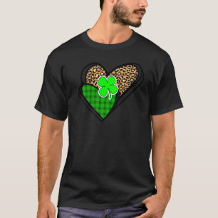 St Patrick's Day Leopard Heart Green Buffalo Plaid T-Shirt