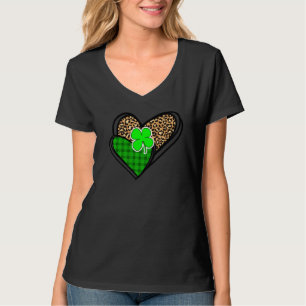 St Patrick's Day Leopard Heart Green Buffalo Plaid T-Shirt