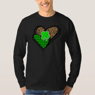 St Patrick's Day Leopard Heart Green Buffalo Plaid T-Shirt