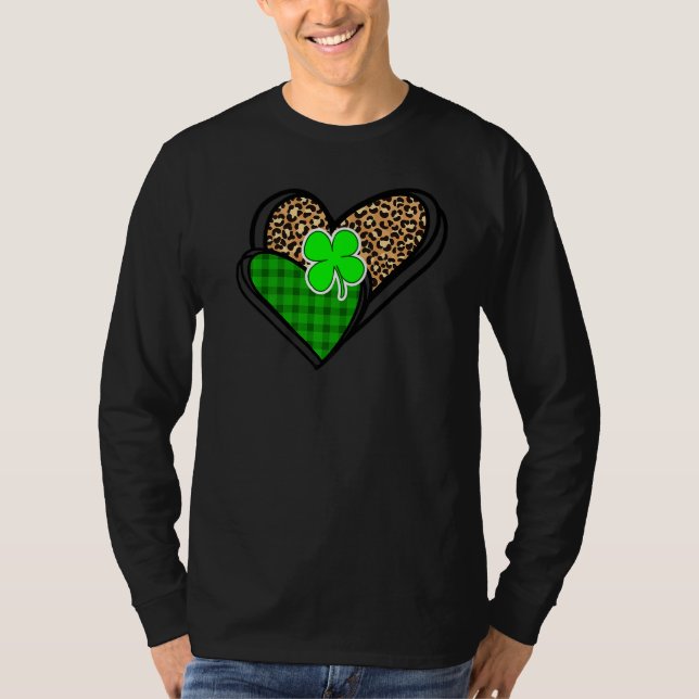 St Patrick's Day Leopard Heart Green Buffalo Plaid T-Shirt (Front)