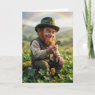 St. Patrick's Day Leprechaun Admiring a Gold Coin Card