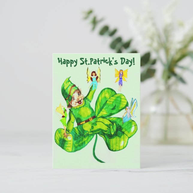ST. PATRICK'S DAY LEPRECHAUN AND FARIES  POSTCARD (Standing Front)