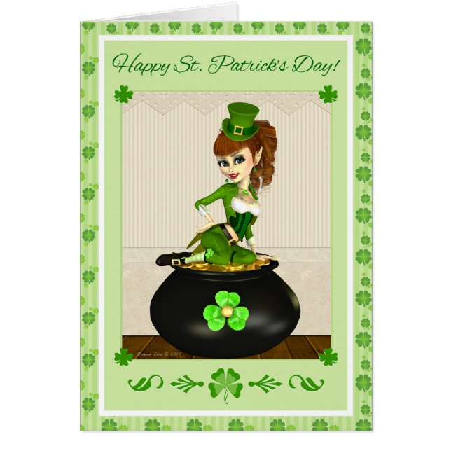 St. Patrick's Day Leprechaun Girl Pot of Gold Card (Front)
