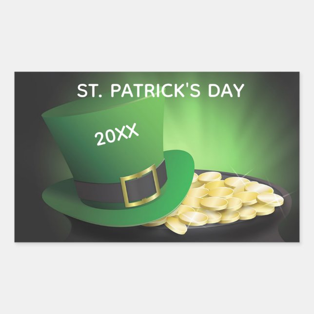 St Patrick's Day Leprechaun Hat and Gold Coins Rectangular Sticker (Front)