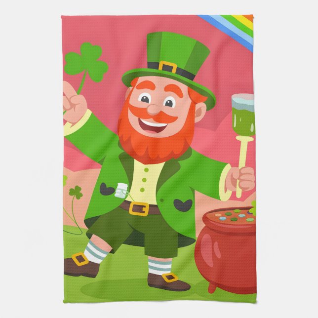 St. Patrick's Day Leprechaun Illustration  Tea Towel (Vertical)