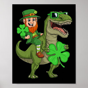 St Patricks Day Leprechaun Riding T Rex Fun Dino B Poster
