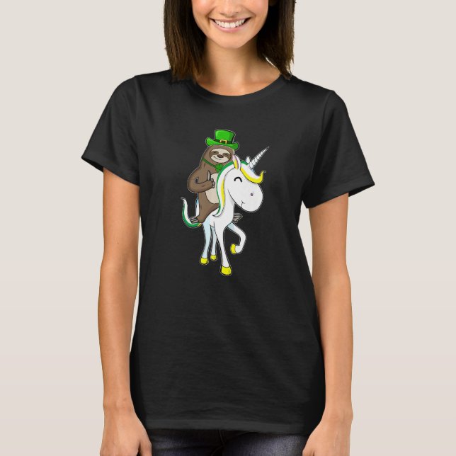 St Patricks Day Leprechaun Sloth Riding Unicorn Fu T-Shirt (Front)