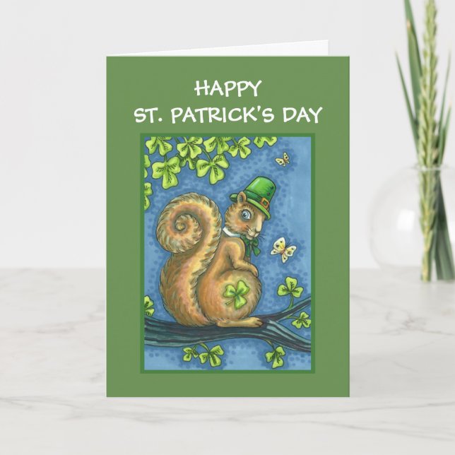 ST. PATRICKS DAY LEPRECHAUN SQUIRREL, LUCKY IRISH HOLIDAY CARD (Front)