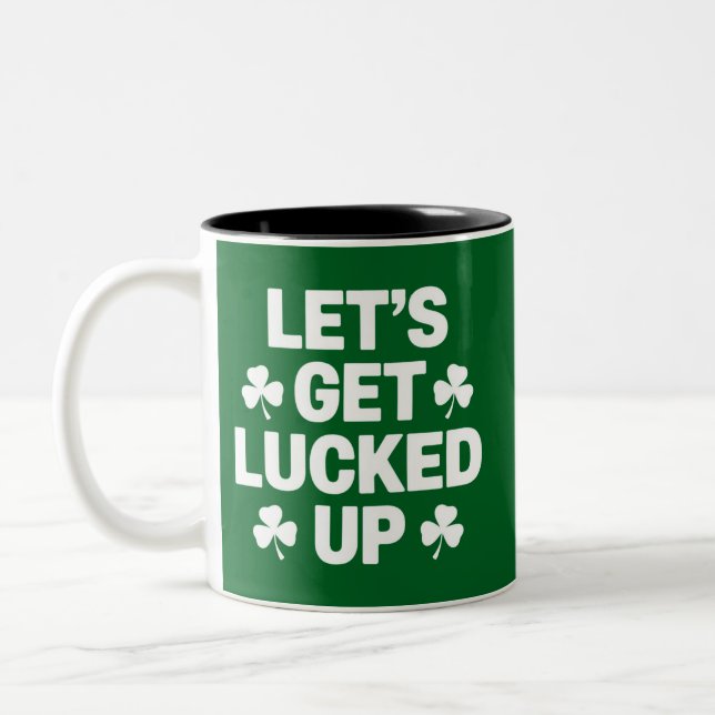 St Patrick's Day Let's Get Lucked Up Irish Clover  Two-Tone Coffee Mug (Left)