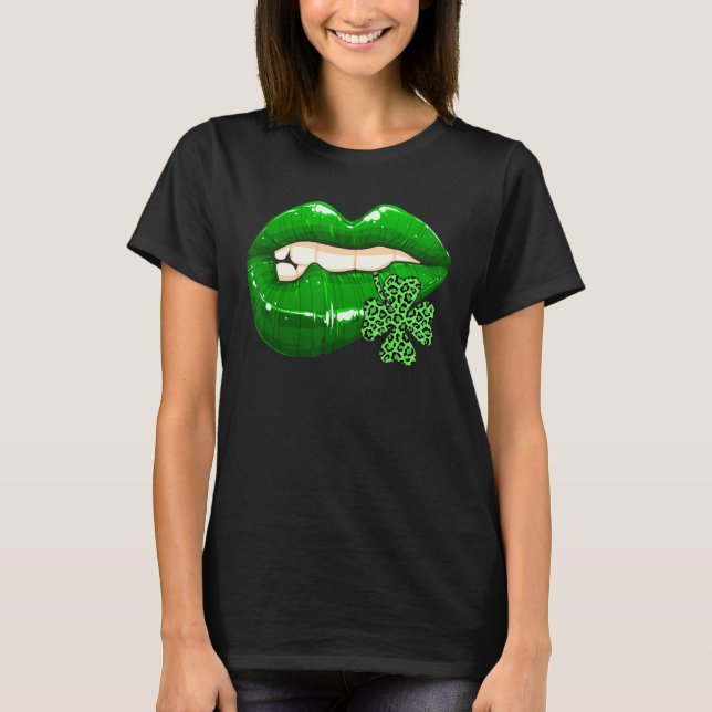 St Patrick's Day Lips Leopard Shamrock Awesome Iri T-Shirt (Front)