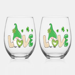 St Patrick's Day Love Gnome Stemless Wine Glass