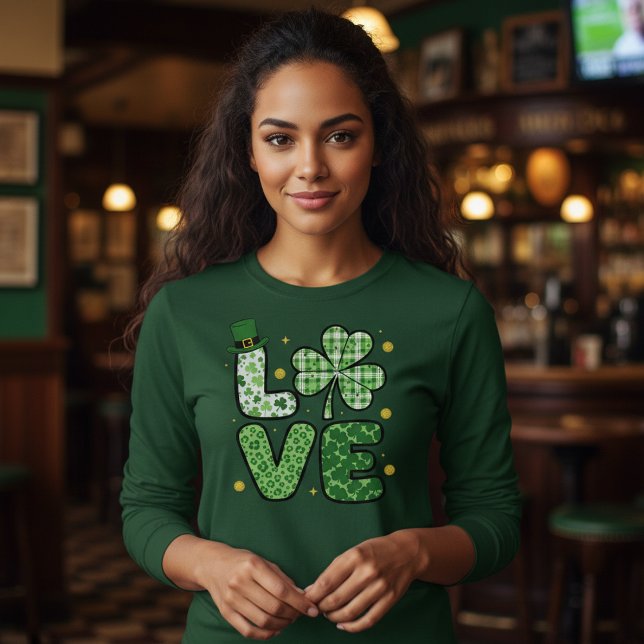 St. Patrick's Day LOVE Green Mixed Patterns Clover T-Shirt (Creator Uploaded)