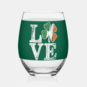 St Patricks Day Love Lucky Irish Shamrock Green  Stemless Wine Glass