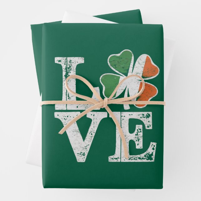St Patricks Day Love Lucky Irish Shamrock Green  Wrapping Paper Sheet (In situ)