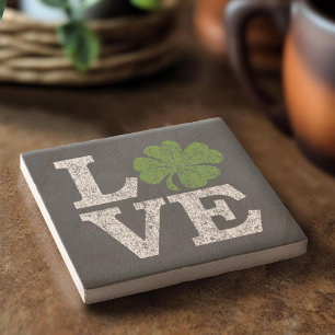 St Patricks Day LOVE with shamrock Stone Coaster