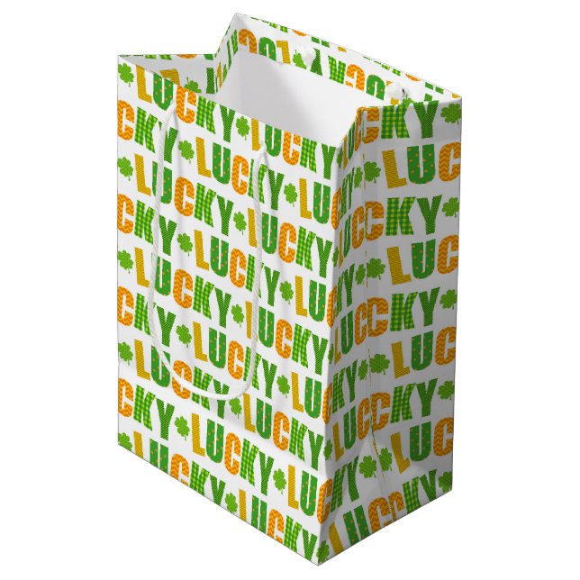 St. Patrick's Day Luck Shamrock Plaid Typography Medium Gift Bag (Front Angled)