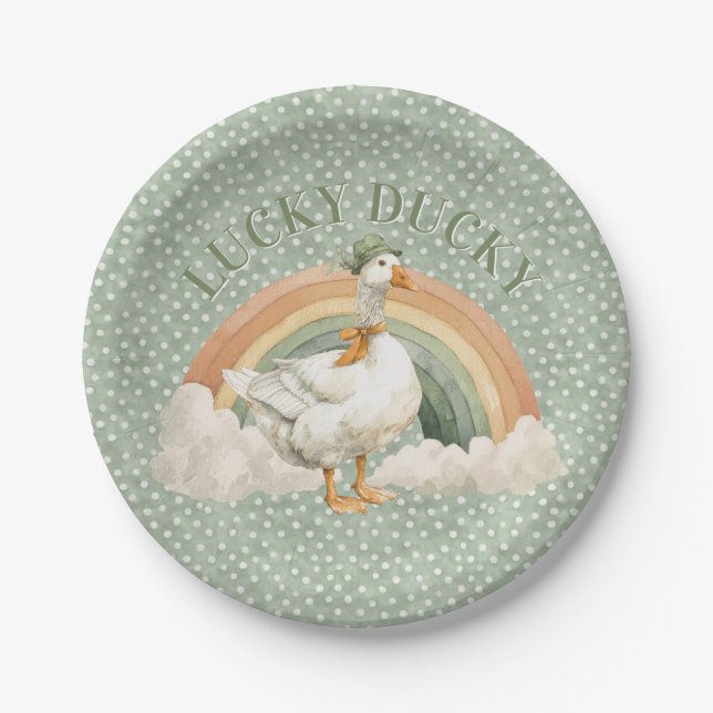  St Patrick's Day Lucky Ducky with Rainbow Paper Plate (Front)