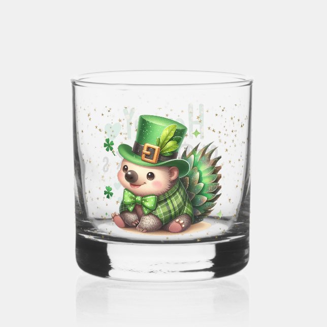 St. Patrick's Day Lucky Hedgehogs Whiskey Glass (Front)