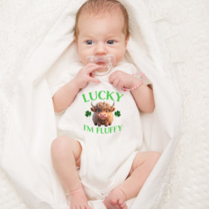 St. Patrick's Day Lucky I'm Fluffy Highland Cow Baby Bodysuit