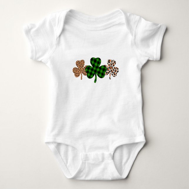 St Patricks Day Lucky Irish Green Plaid Shamrock  Baby Bodysuit (Front)
