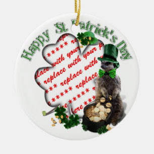 St Patrick's Day Lucky Meerkat Shamrock Frame Ceramic Tree Decoration