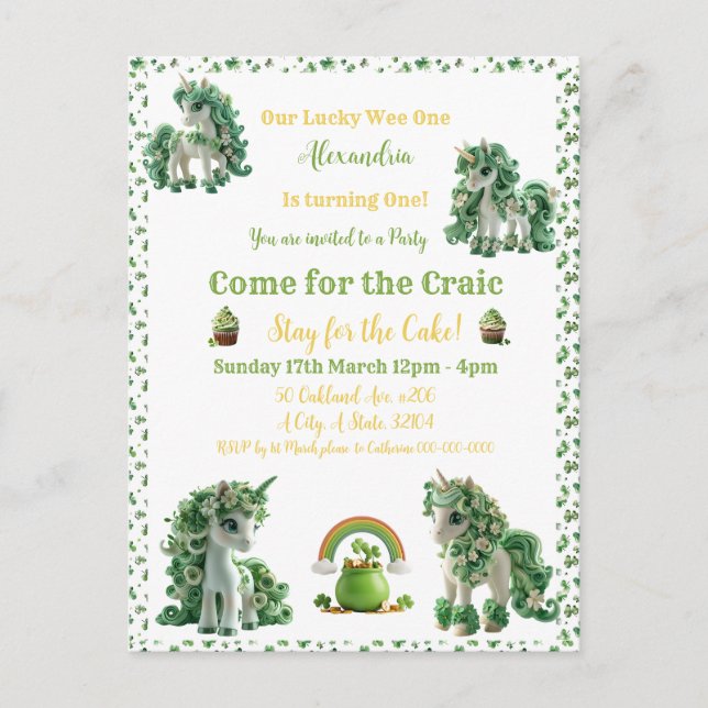 St Patricks Day Lucky One Unicorn Invitation  Postcard (Front)