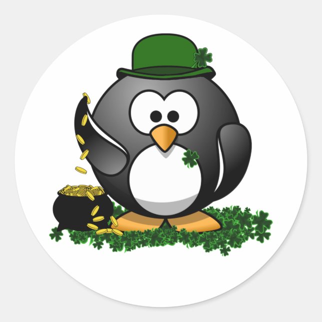 St. Patrick's Day Lucky Penguin with Pot Of Gold Classic Round Sticker (Front)