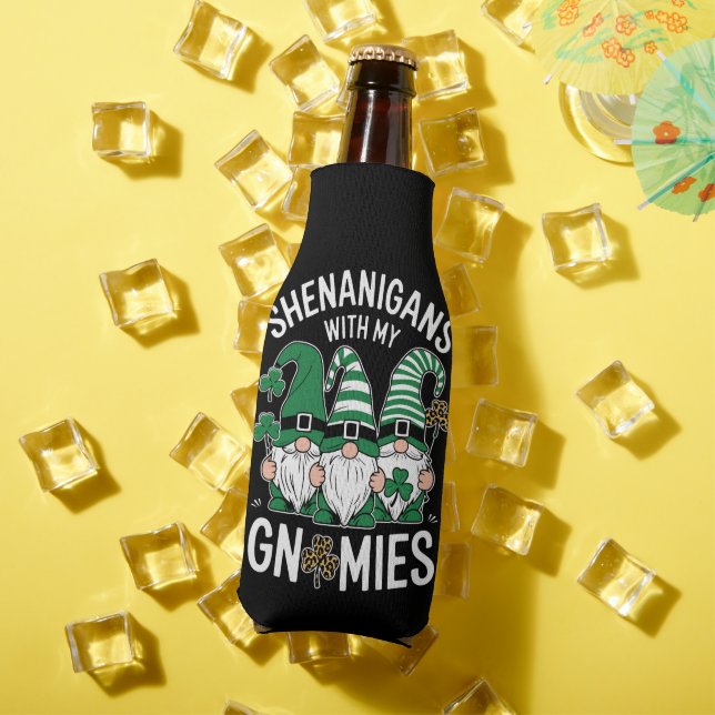 St Patricks Day Lucky Shamrock Leopard Gnomes  Bottle Cooler (In Situ Summer)