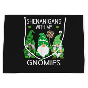 St Patricks Day Lucky Shamrock Leopard Gnomes  Large Gift Bag