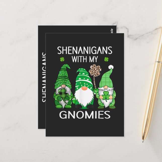 St Patricks Day Lucky Shamrock Leopard Gnomes  Postcard (Front/Back In Situ)