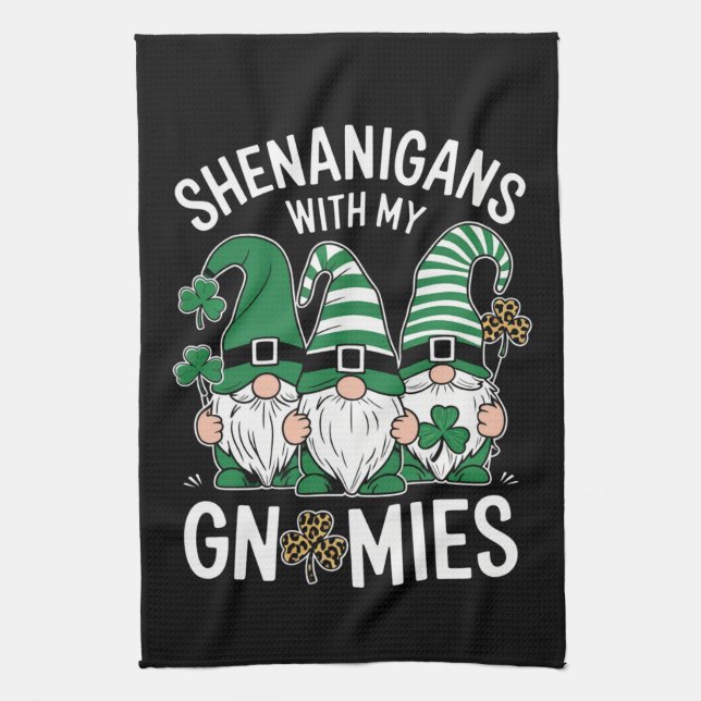 St Patricks Day Lucky Shamrock Leopard Gnomes  Tea Towel (Vertical)