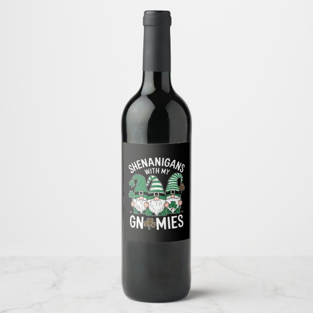 St Patricks Day Lucky Shamrock Leopard Gnomes  Wine Label (Front)