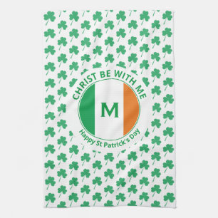 St Patricks Day Monogram Name Shamrock Tea Towel