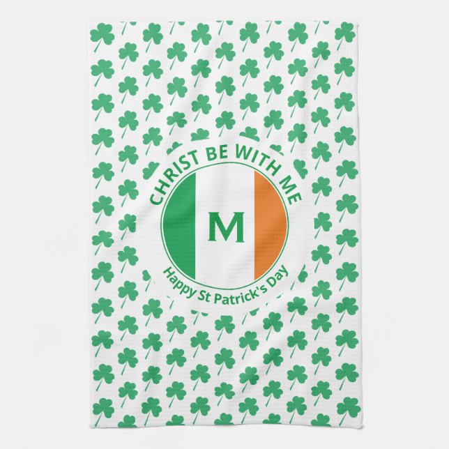 St Patricks Day Monogram Name Shamrock Tea Towel (Vertical)