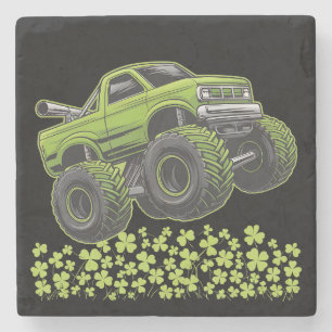 St Patrick's Day Monster Truck Lucky Shamrock Stone Coaster