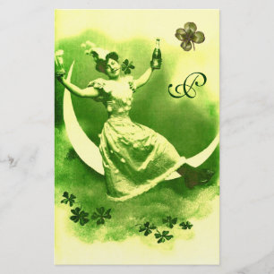 ST PATRICK'S DAY MOON LADY WITH SHAMROCKS MONOGRAM STATIONERY