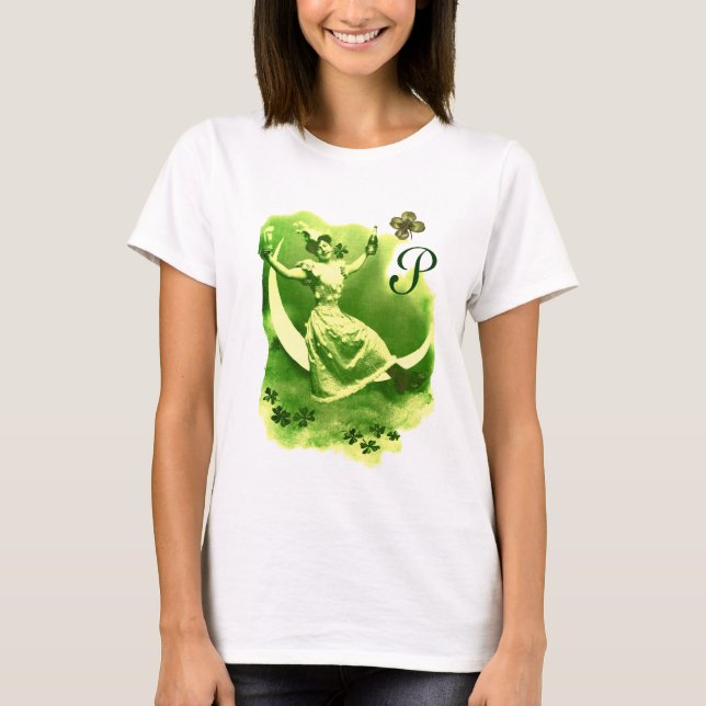 ST PATRICK'S DAY MOON LADY WITH SHAMROCKS MONOGRAM T-Shirt (Front)