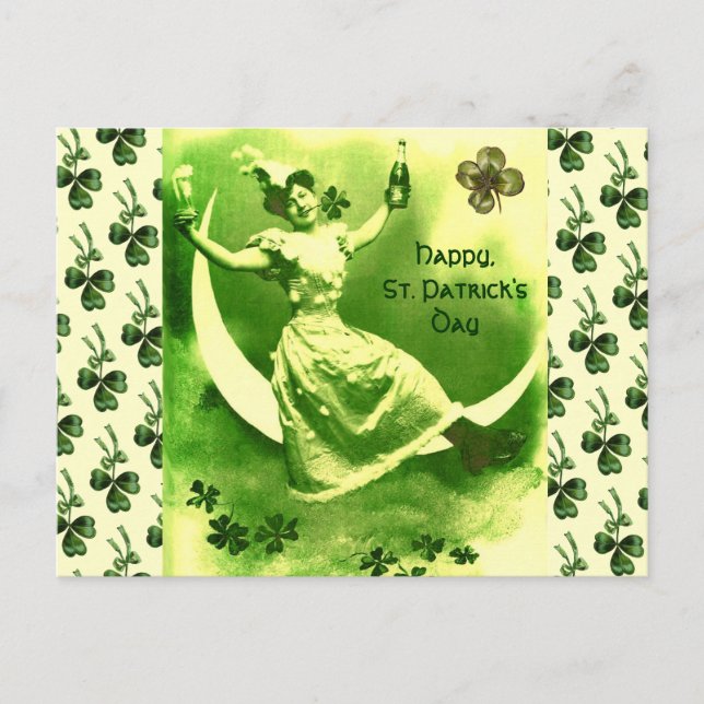 ST PATRICK'S  DAY MOON LADY WITH SHAMROCKS POSTCARD (Front)
