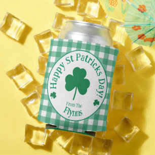 St Patricks Day NAME Irish Clover Green Check Can Cooler