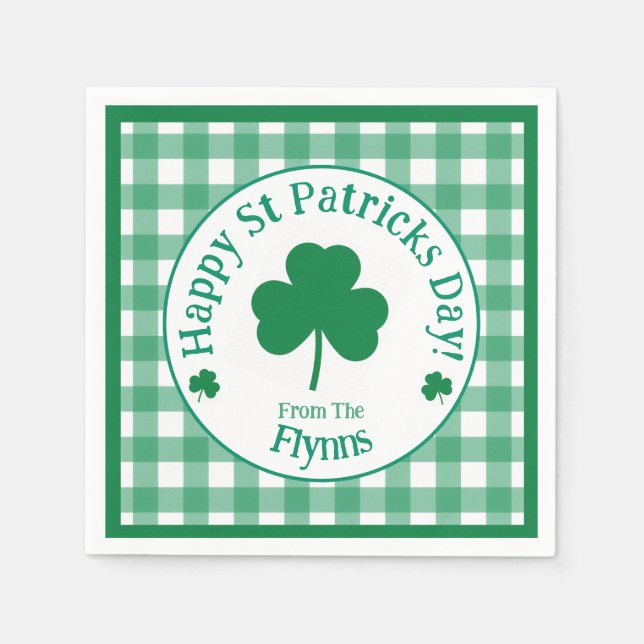St Patricks Day NAME Irish Clover Green Check Napkin (Front)