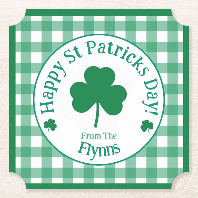 St Patricks Day NAME Irish Clover Green Check Paper Coaster (Front)