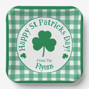 St Patricks Day NAME Irish Clover Green Check Paper Plate