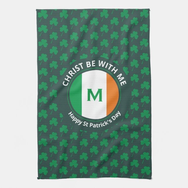 St Patricks Day Name Monogram Shamrock Tea Towel (Vertical)