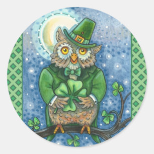 ST. PATRICK'S DAY OWL, 4 LEAF CLOVER LEPRECHAUN CLASSIC ROUND STICKER